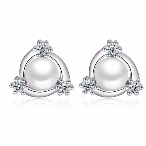 Crystal Trinity Round White Pearl Stud Earrings - Picture 2 of 6